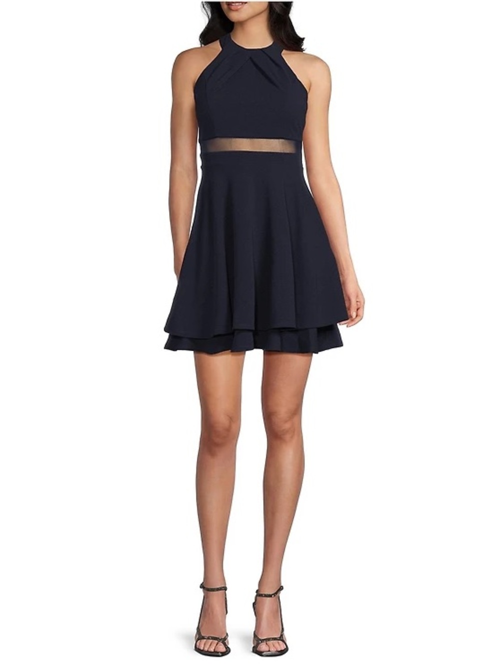 Women’s Junior Honey and Rosie Navy Halter Mesh-Waist Fit & Flare Mini Dress